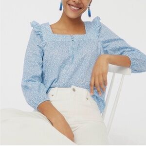 J. Crew Light Blue Floral Square-Neck Ruffle Blouse